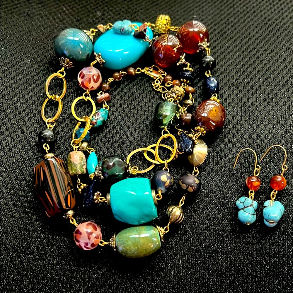 New Turquois Brown Gold Chunky Long Lariat Statement Necklace Earring Gift Box